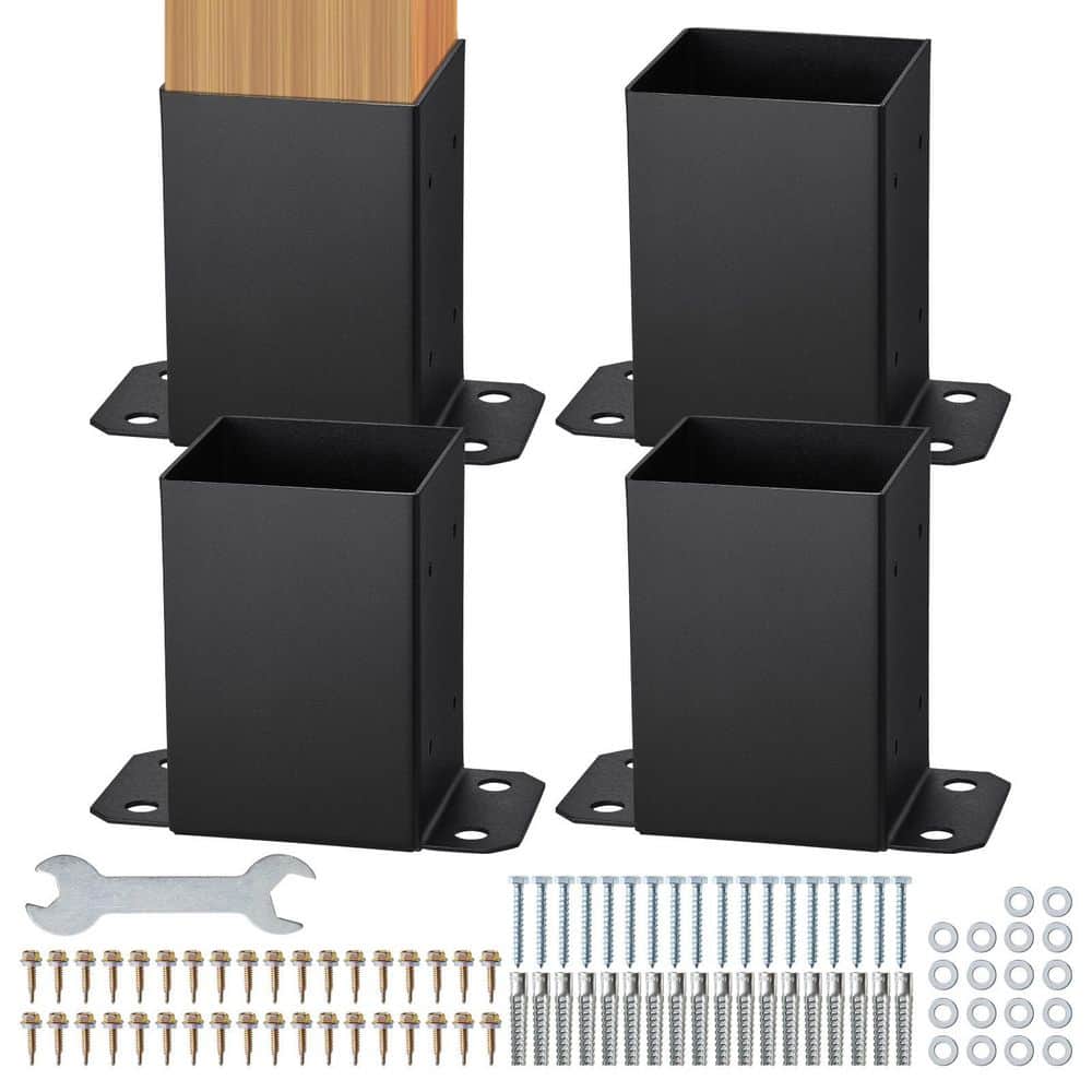 VEVOR 4 x 4 in. Post Base,4-Pieces,Inner Size 3.6 x3.6 in.,Heavy Duty Powder-Coated Matte Black Post Anchor,Wood Post Brackets