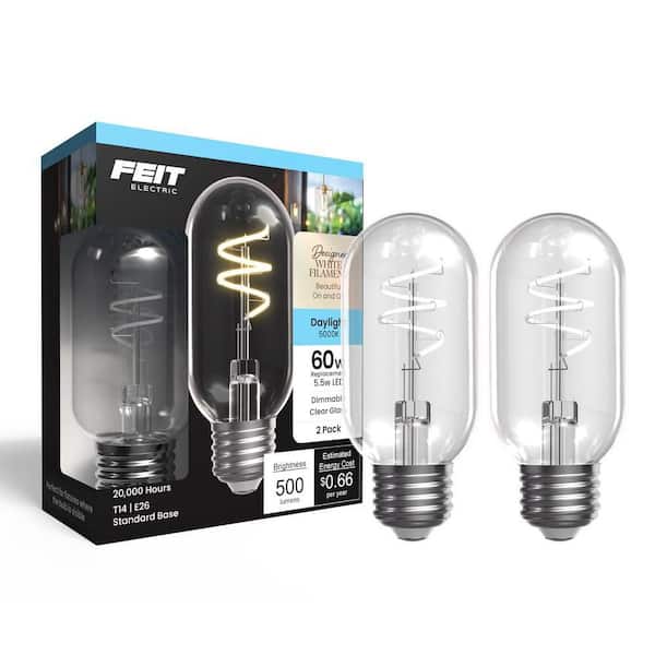 Feit Electric 60W Equiv. T14 Dimmable Spiral White Filament Clear Glass E26 Vintage Edison LED Tubular Light Bulb, Daylight (2-Pack)