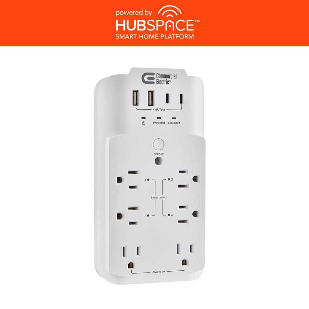 Commercial Electric 6-Outlet Smart Surge Protector with 4-USB Ports, White, Powered by Hubspace