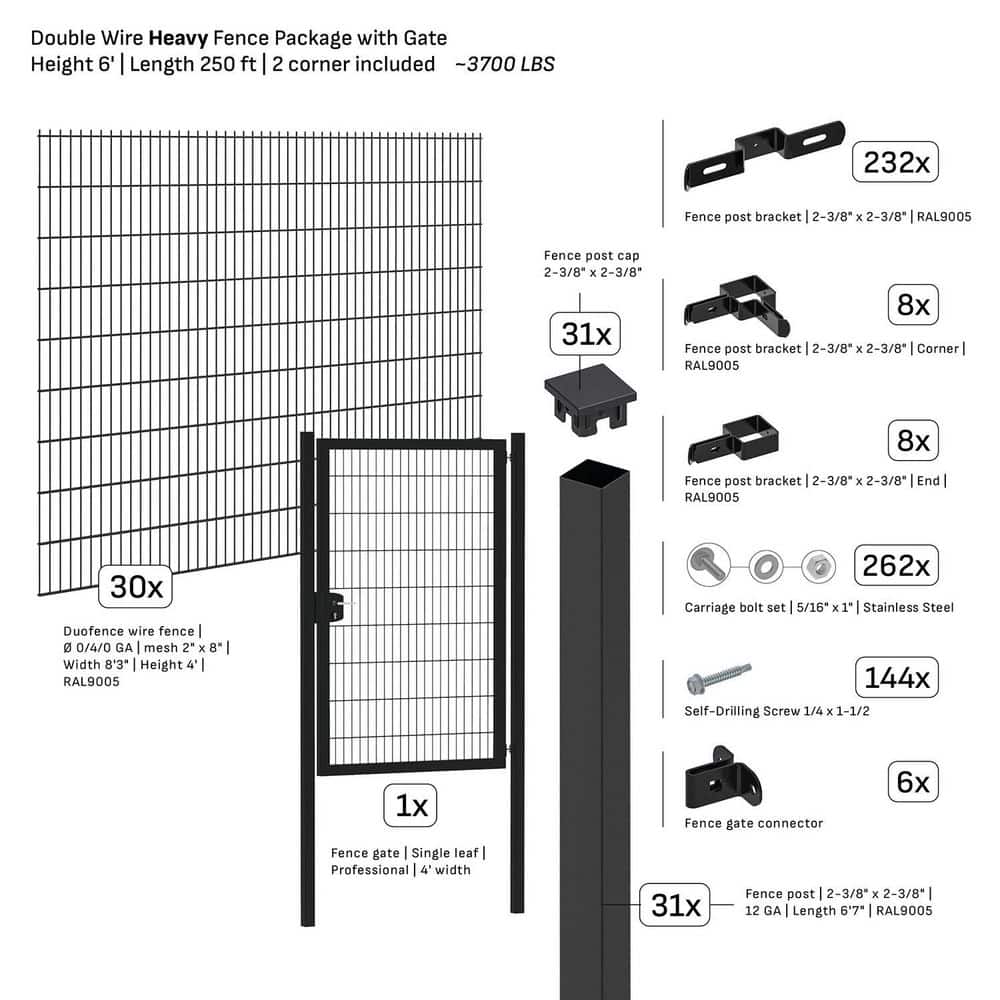 TARTER Double-Wire Heavy Duty 250 ft. x 6 ft. Steel Flat Top Spaced Black Fence Panel Package with Gate (30-Pack)