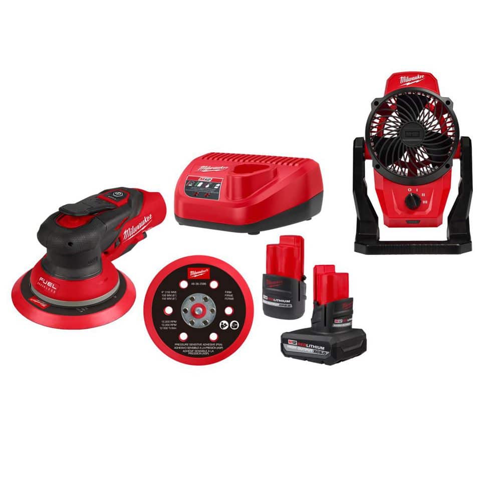 Milwaukee M12 FUEL 12-Volt Li-Ion Brushless Cordless 6 in. Random Orbital Sander Kit (3/16 in) wM12 5. 0Ah, 2. 5Ah Batteries, &Fan