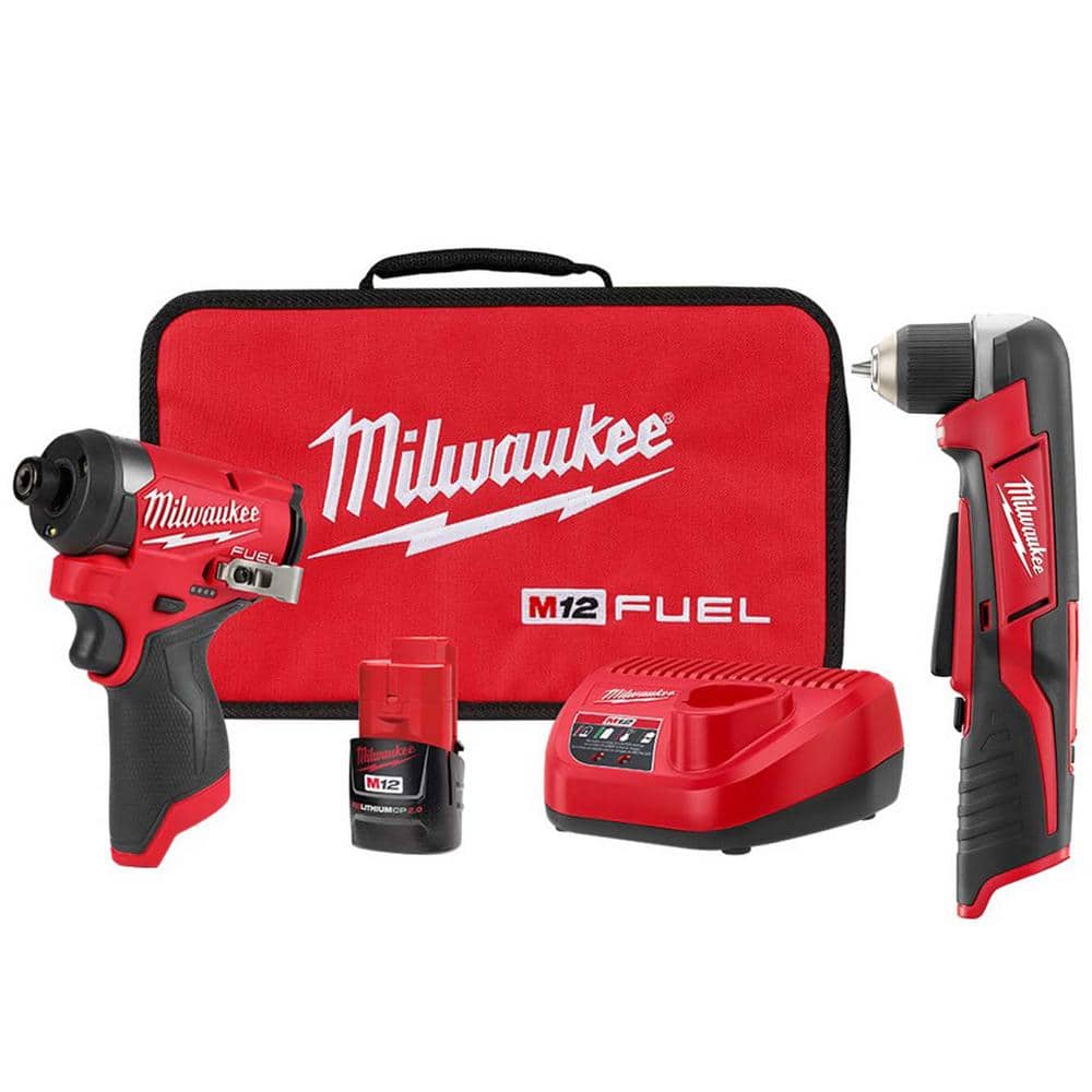 Milwaukee M12 FUEL 12-Volt Lithium-Ion Brushless Cordless 1/4 in. Hex Impact Driver Kit w/3/8 in. Right Angle Drill