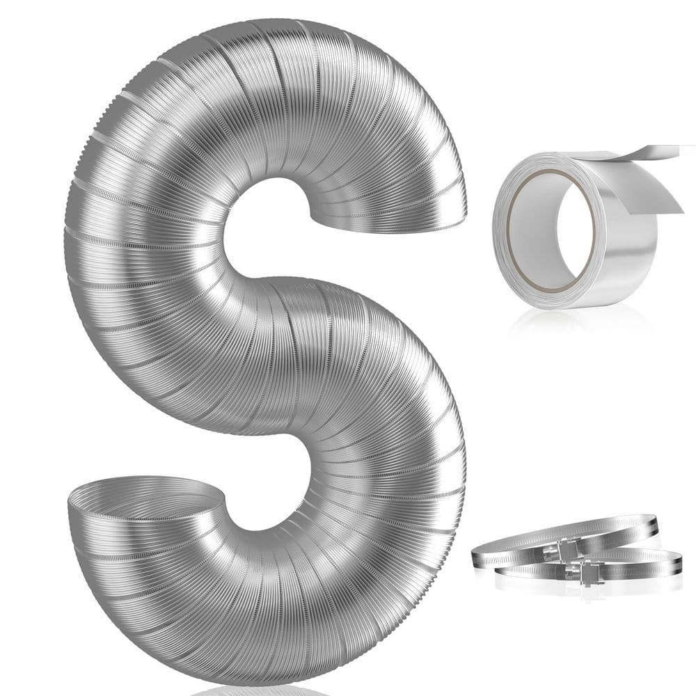 Helhom 4 in. x 4 in. x 60 in. Round Flexible Aluminum Duct, Semi Rigid Dryer Vent Hose with 2 Clamps and Aluminum Foil Tape