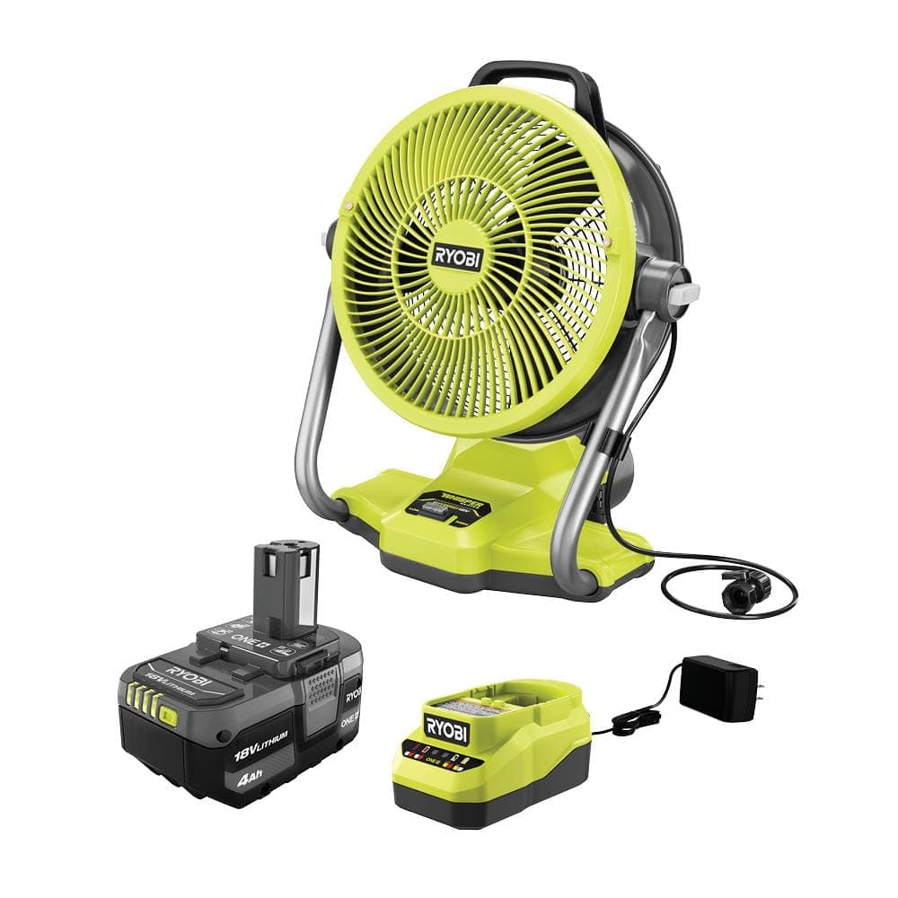 RYOBI ONE+ 18V Cordless Hybrid WHISPER SERIES 12 in. Misting Air Cannon Fan Kit with 4.0 Ah Battery and Charger