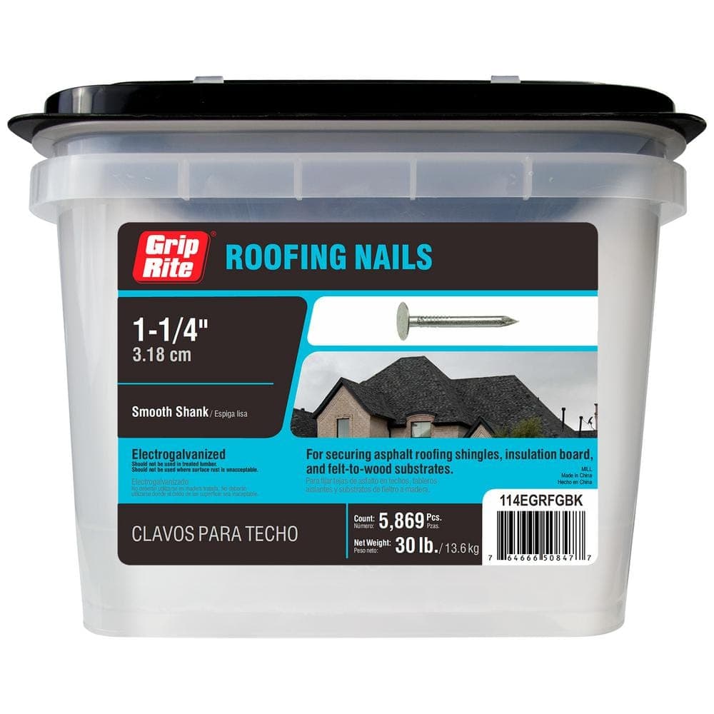 Grip-Rite 1-1/4 in. x 11-Gauge Electrogalvanized Flat Head Smooth Shank Roofing Nails 30 lb. Box