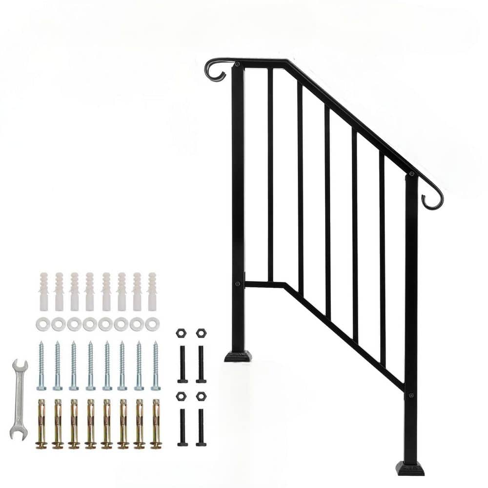 NVNOO 2-3 Step Black Wrought Iron Handrail Kit for Outdoor Steps Concrete Steps and Wooden Stairs (1-Pack)