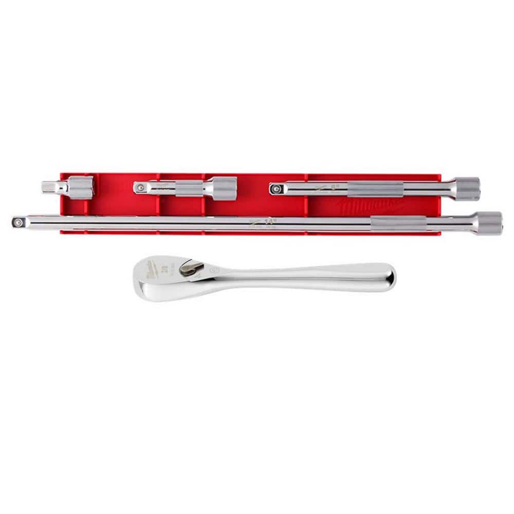 Milwaukee 3/8 in. Drive 90-Tooth 5 in. Stubby Ratchet with 3/8 in. Drive Extension Set (5-Piece)