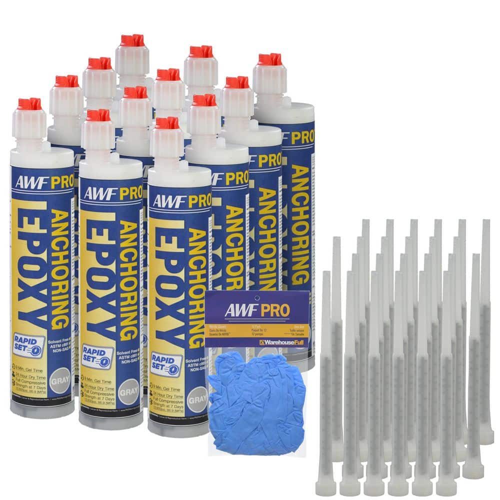 AWF PRO 9.5 fl oz Two Component Epoxy Rapid-Curing Cartridge with 2 Static Mixers, Case of 12, Pack of 12 Nitrile Gloves