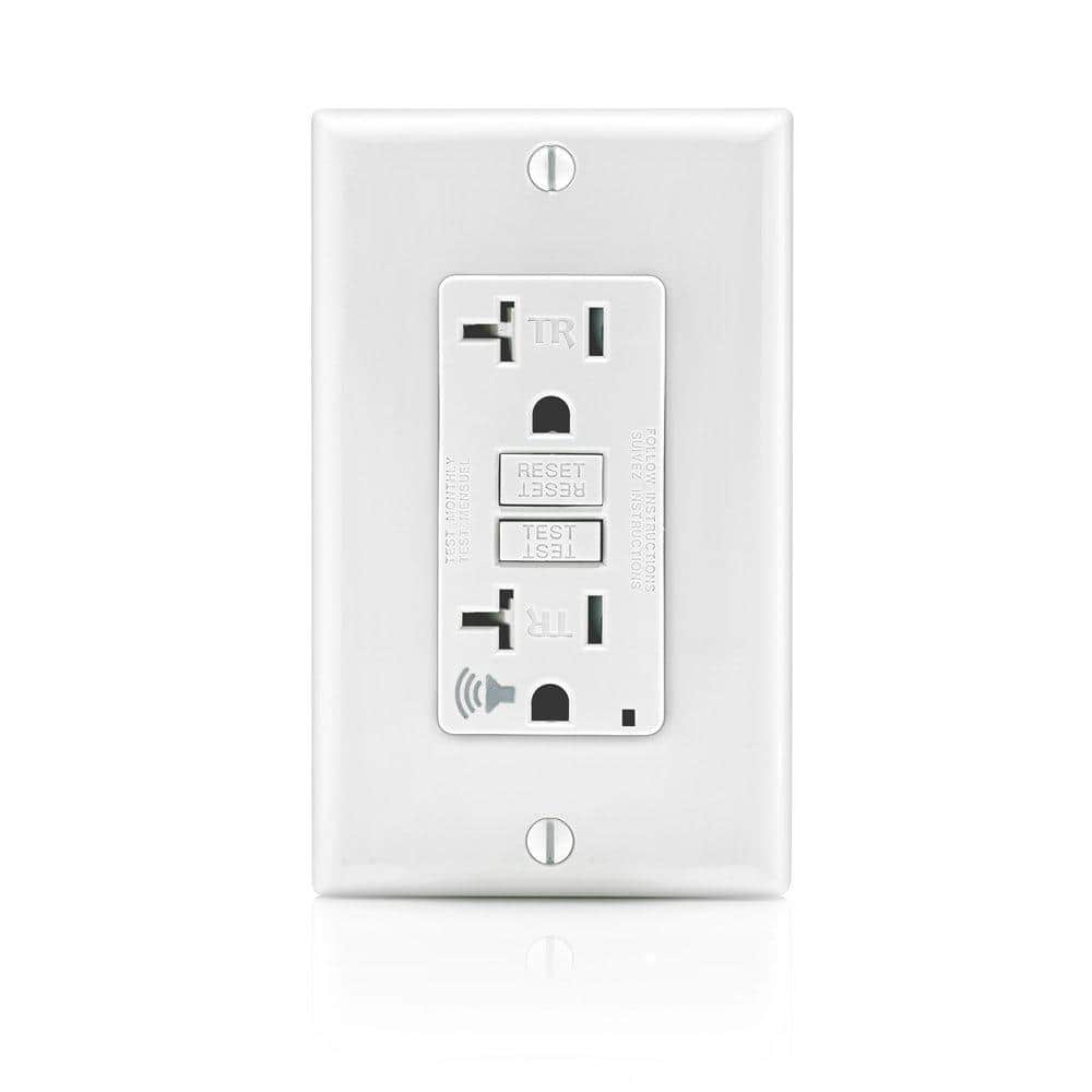 Leviton 20 Amp SmartlockPro Self-Test Slim GFCI Outlet with Audible Trip Alert, White GFTA2-W