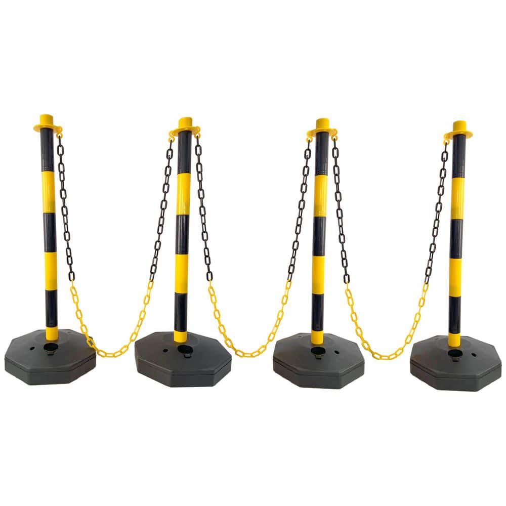 cadeninc 4-Pack Yellow/Black Plastic Safety Barrier Post w/Fillable Base,5Ft Plastic Chain for Traffic Control and Warning Y/B