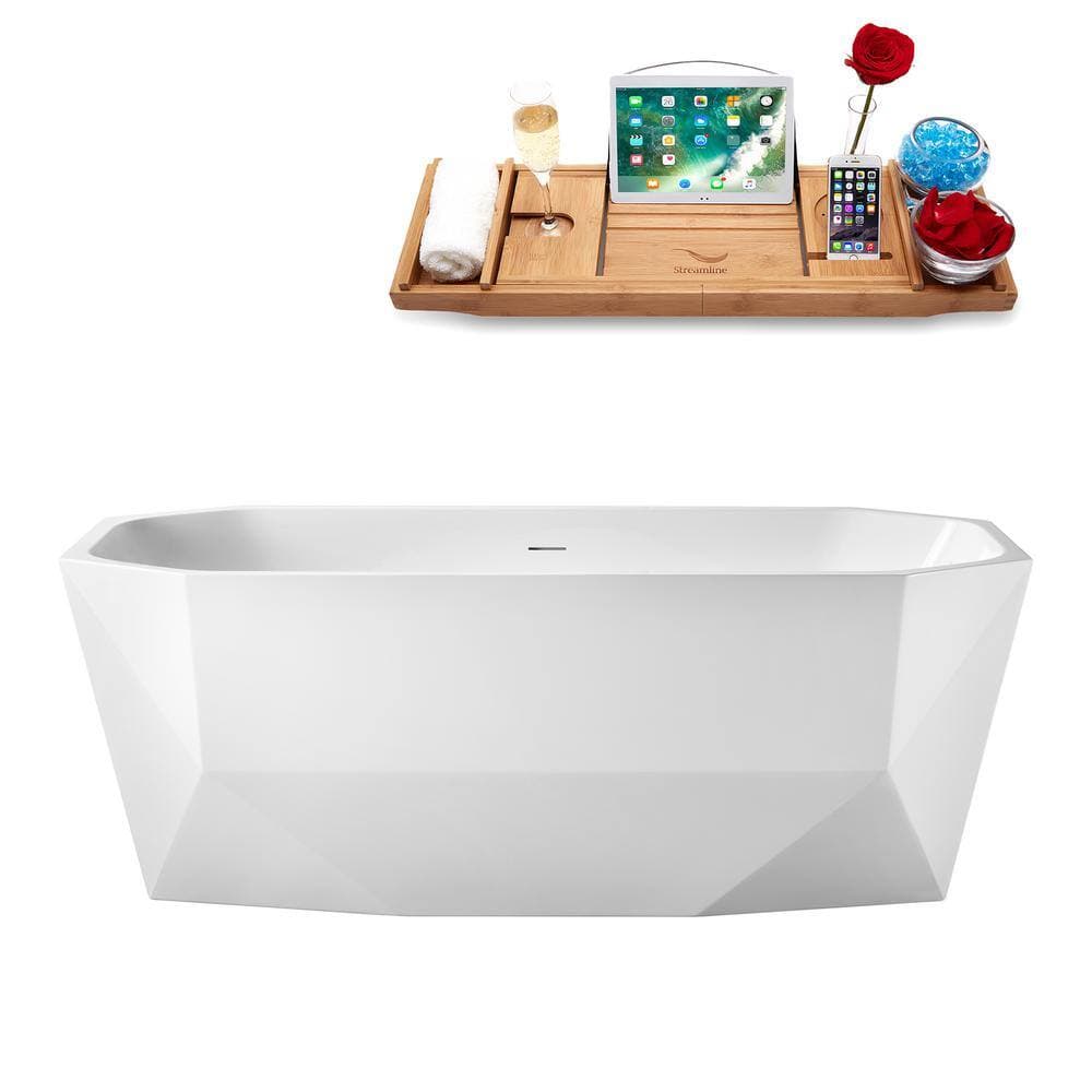 Streamline 63 in. x 29 in. Acrylic Freestanding Soaking Bathtub in Glossy White with Brushed Nickel Drain, Bamboo Tray