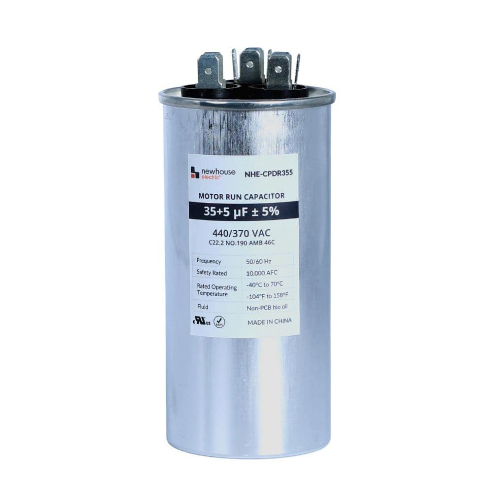 NEWHOUSE ELECTRIC Dual Run Capacitor 35/5 MFD 440/370 VAC for Air Conditioner and Heat Pump Systems, Round, Metal