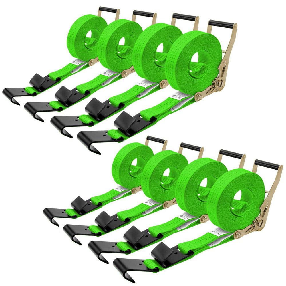 LAIFUCAM 30 ft x 2 in Ratchet Straps Heavy Duty Flat Hook Green Tie Down Flatbed Equipment Fastener 8 Pack