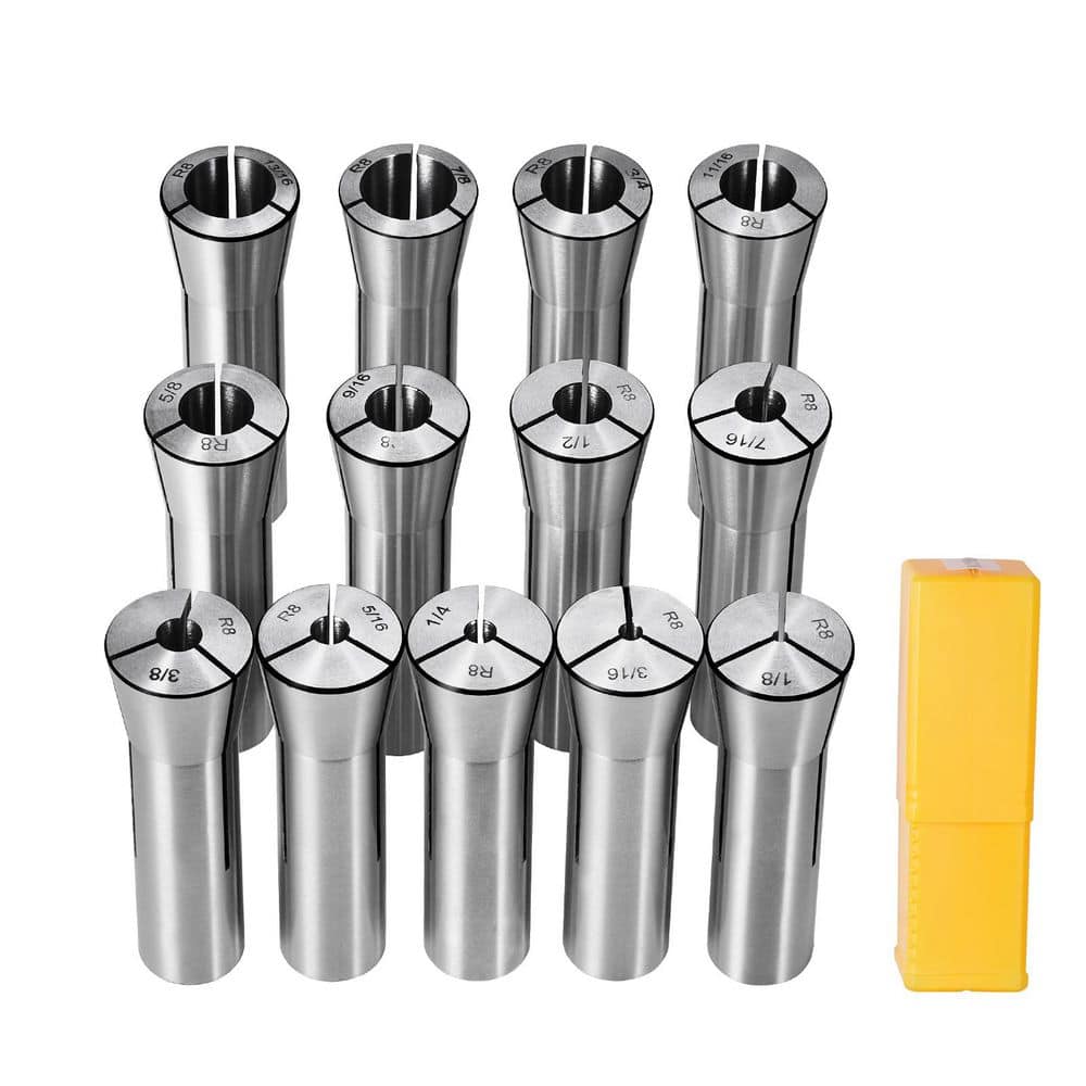 SKYSHALO 13 pcs Precision R8 Collet Set, 1/8 in.-7/8 in., 45# Alloy Steel Mill Collet Chuck 0.0012 in. /30μm TIR