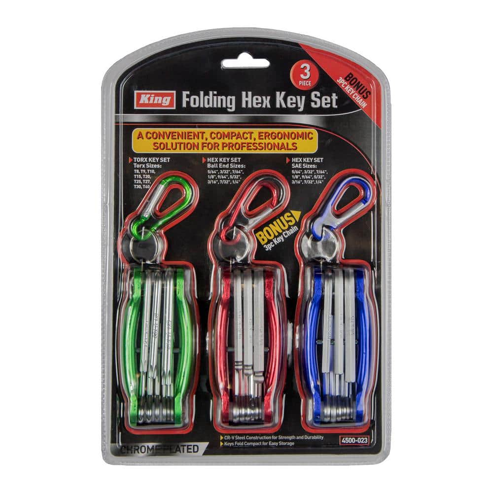 KING 3-Pieces Folding Hex Key Wrench Set, Standard, Ball-End, and Torx (36 Sizes)