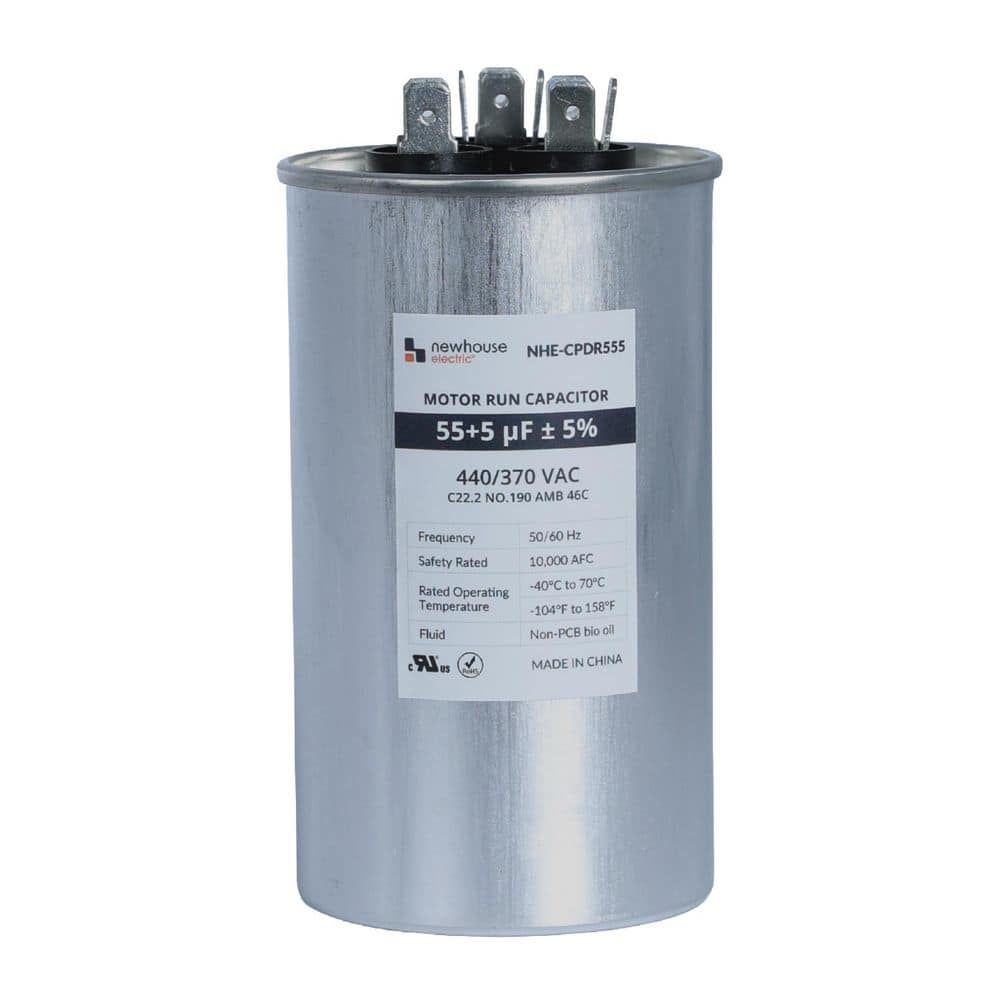NEWHOUSE ELECTRIC Dual Run Capacitor 55/5 MFD 440/370 VAC for Air Conditioner and Heat Pump Systems, Round, Metal
