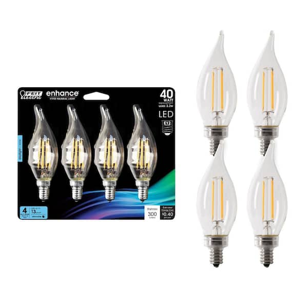 Feit Electric 40-Watt Equivalent BA10 E12 Candelabra Dimmable Filament CEC Clear Chandelier LED Light Bulb Daylight 5000K (4-Pack)