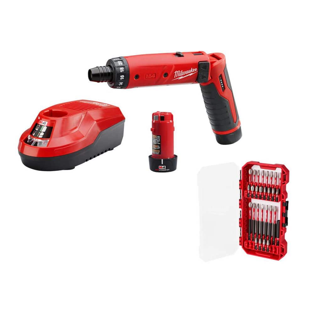 Milwaukee M4 4-Volt Lithium-Ion Cordless 1/4 in. Hex Screwdriver 2-Battery KitSHOCKWAVE IMPACT SET 28 Piece