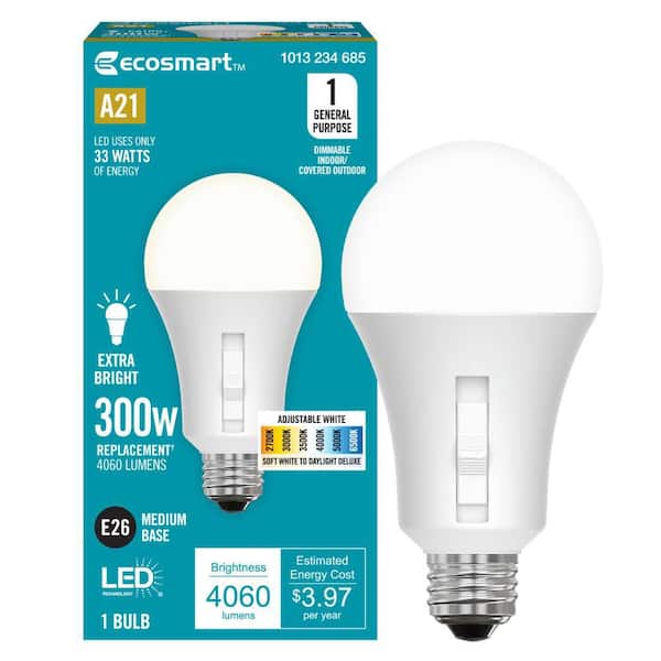 EcoSmart 300-Watt Equivalent A21 Dimmable LED Light Bulb 6-CCT