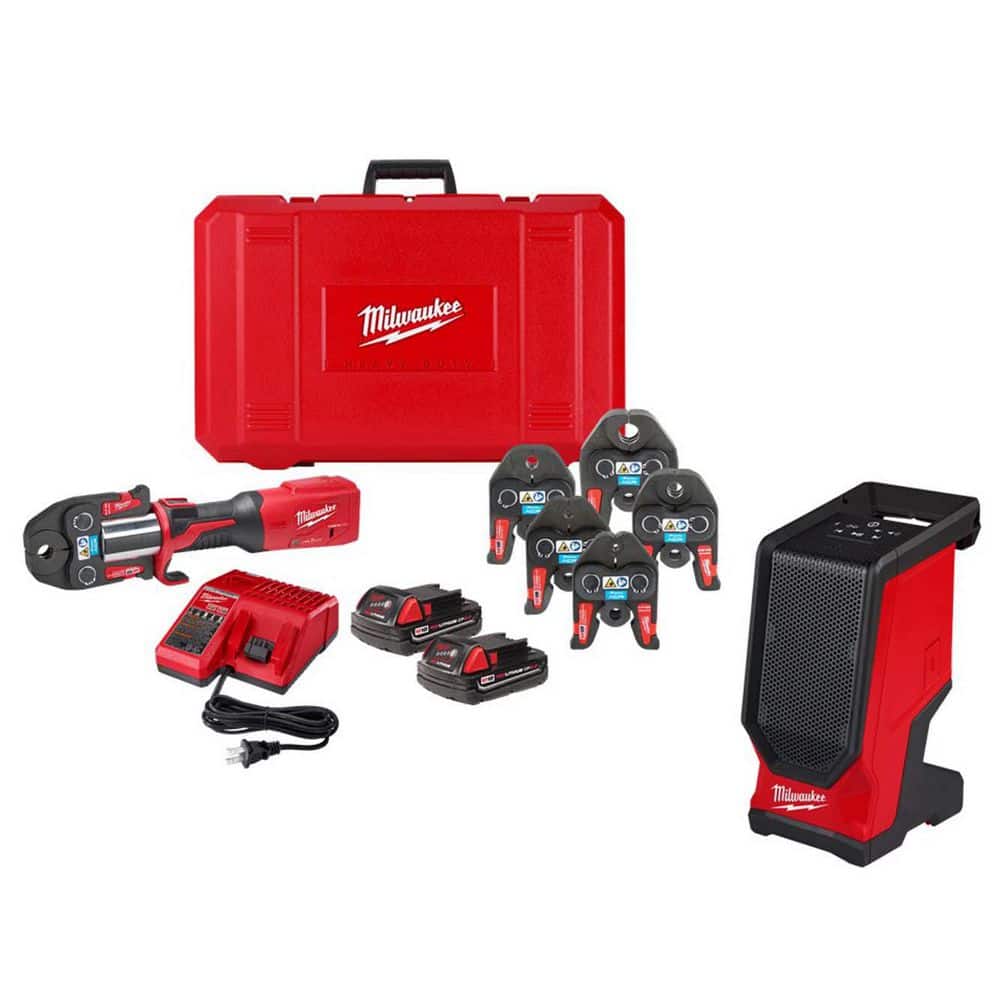 Milwaukee M18 18V Lithium-Ion Brushless FORCE LOGIC Copper Press Tool Kit with 1/4 in. - 7/8 in. ACR Jaws and M18 Jobsite Speaker