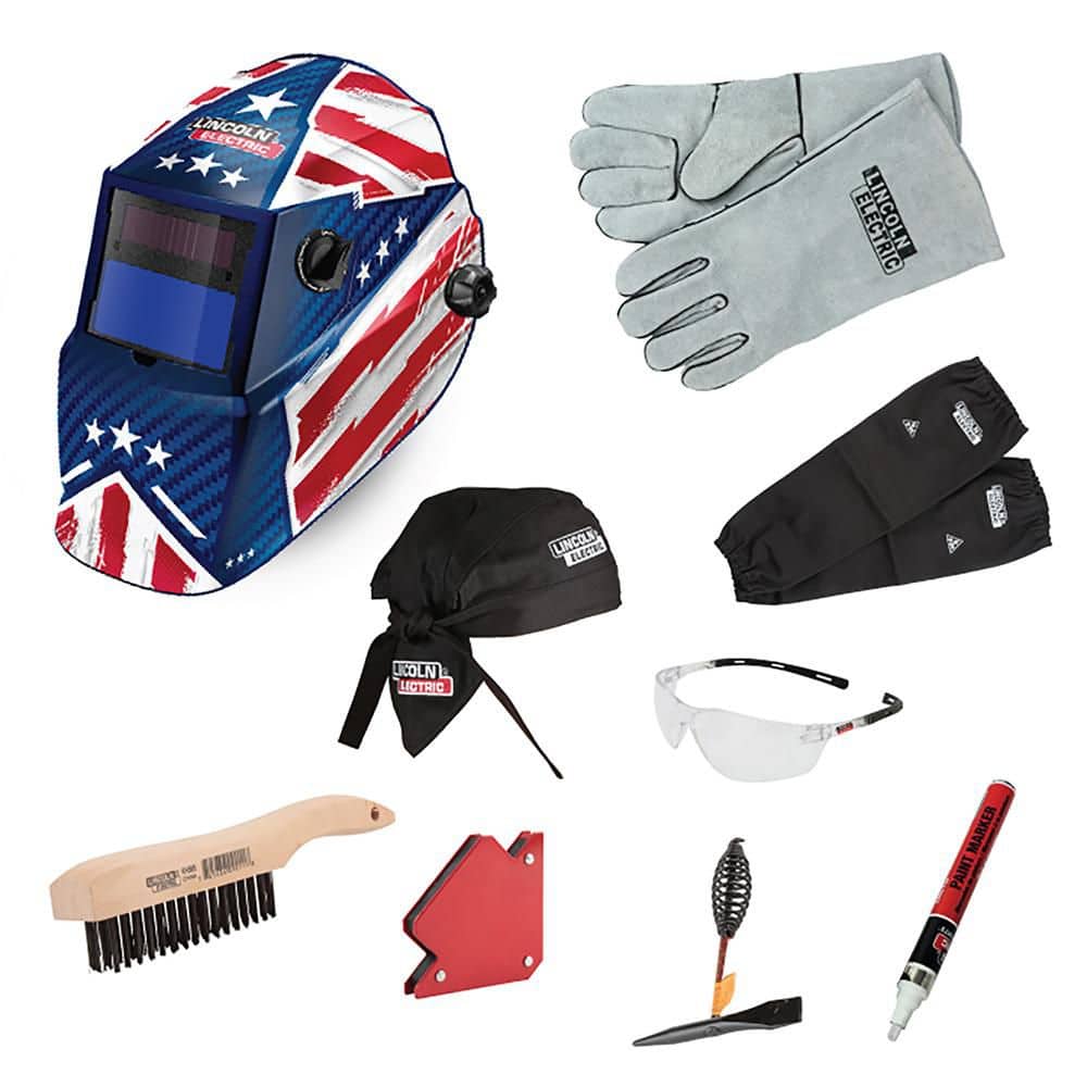 Lincoln Electric Patriot Welding Kit with Auto Darkening 9-13 Helmet, Gloves, Brush, Magnet, Doo Rag, Sleeves, Safety Glasses