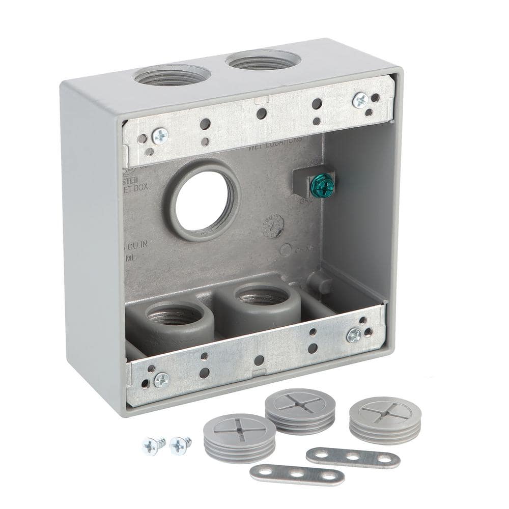 Commercial Electric 2-Gang Metallic Weatherproof Outlet Box with (5) 3/4 in. Holes, Gray