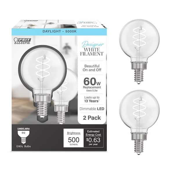 Feit Electric 60-Watt Equivalent G16.5 Double Spiral White Thin Filament Clear E12 Candelabra LED Light Bulb, Daylight 5000K (2-Pack)