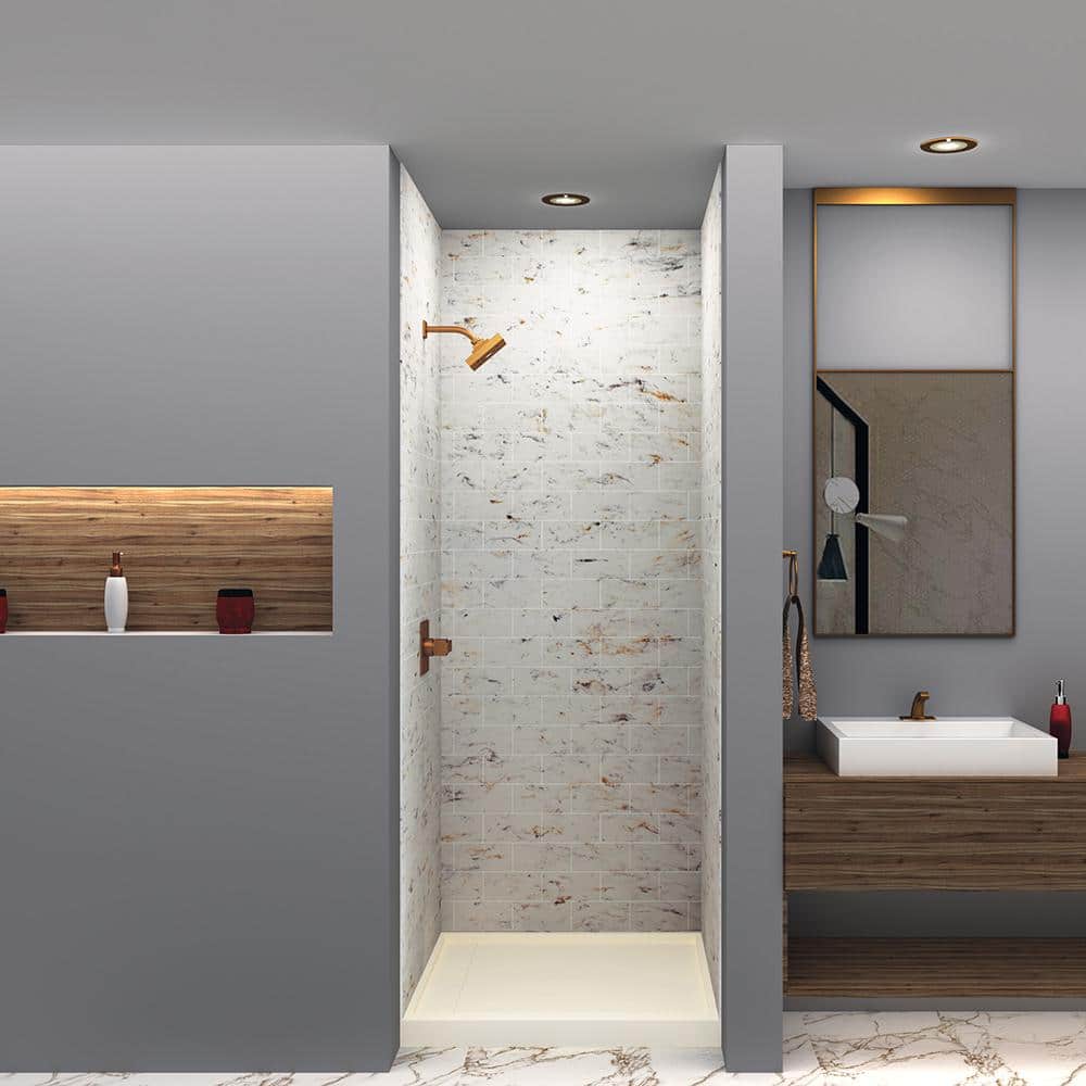Transolid SaraMar 36 in. x 36 in. x 96 in. 3-Piece Easy Up Adhesive Alcove Shower Wall Surround in Biscotti Marble