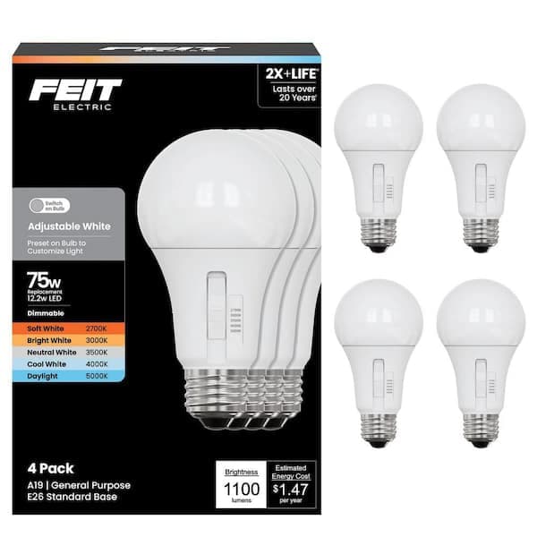 Feit Electric 75-Watt Equivalent A19 Dimmable LED Light Bulb with Selectable Color Temperature (4-Pack)