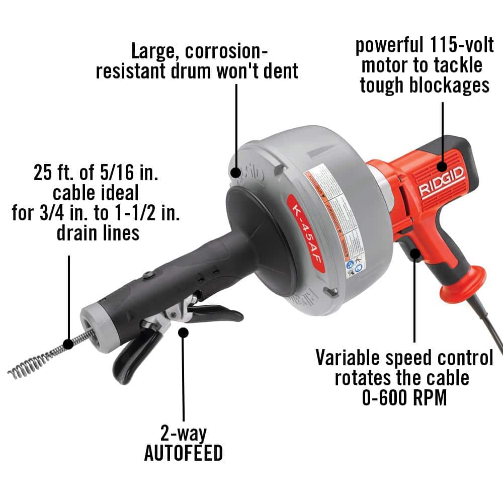RIDGID K-45AF-5 Drain Cleaning Autofeed Snake Auger Machine with C-1 5/16 in. x 25 ft. Inner Core Cable, Gloves + 5 Pc Tool Set