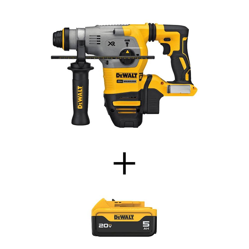 DEWALT 20V MAX Cordless Brushless 1-1/8 in. SDS Plus L-Shape Rotary Hammer and (1) 20V Premium Lithium-Ion 5.0Ah Battery