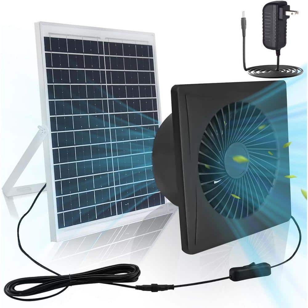 KIWDZFU 25W Solar Panel 8-in. Solar Powered Exhaust Fan with AC Adapter for Greenhouse