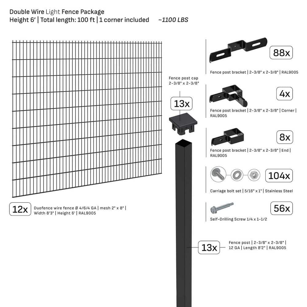 TARTER Double-Wire Light 100 ft. x 6 ft. Steel Flat Top Spaced Black Fence Panel Package