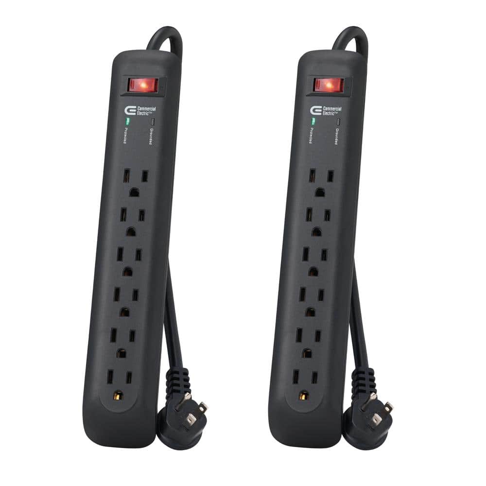 Commercial Electric 8 ft. 6-Outlet Surge Protector with 45-Degree Flat Angle Plug, Black (2-Pack)
