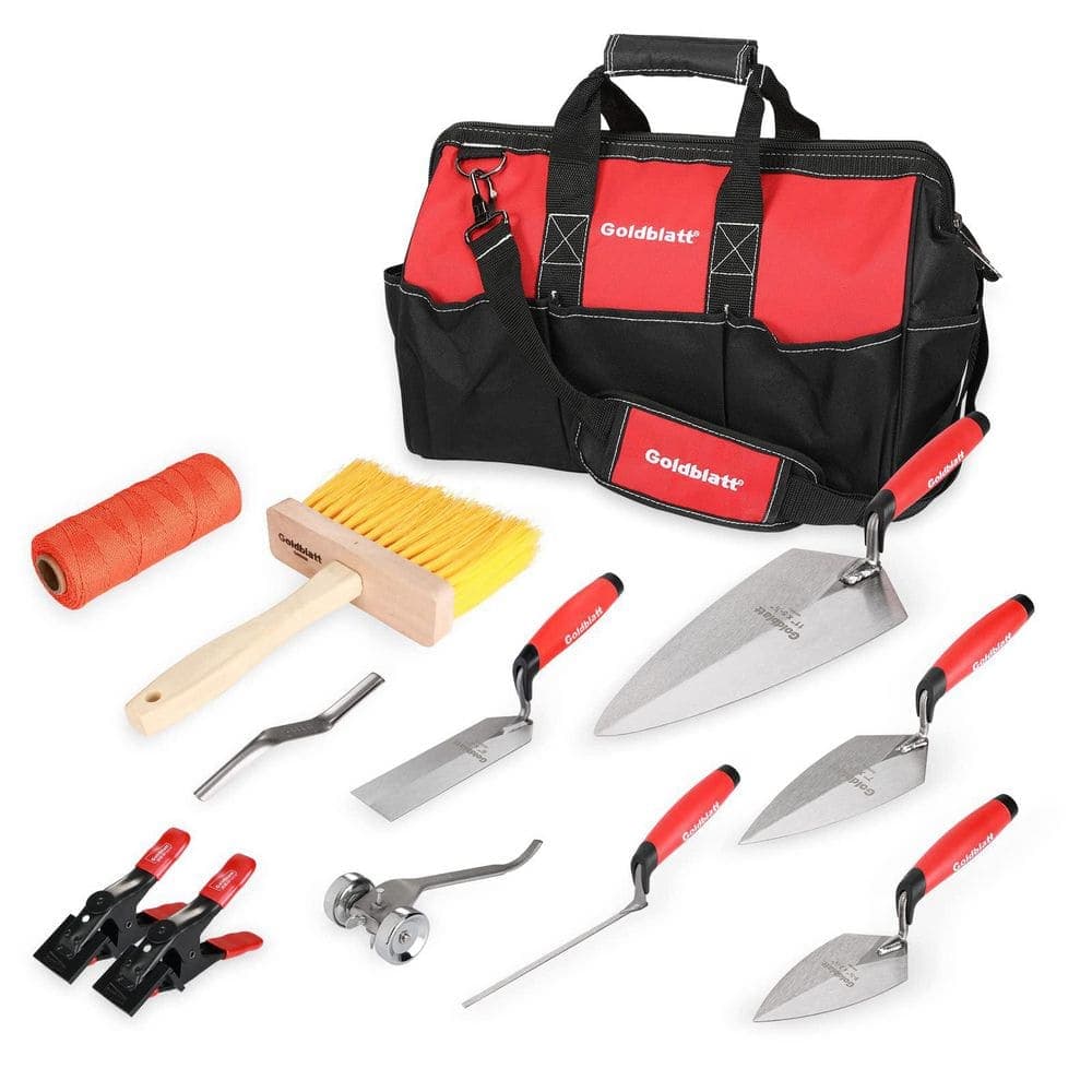 NVNOO 3/16 in. Masonry Hand Tool Set with Organized Tool Bag, Pointing Trowel, Concave Jointer, String Line, Brush (12-Pack)