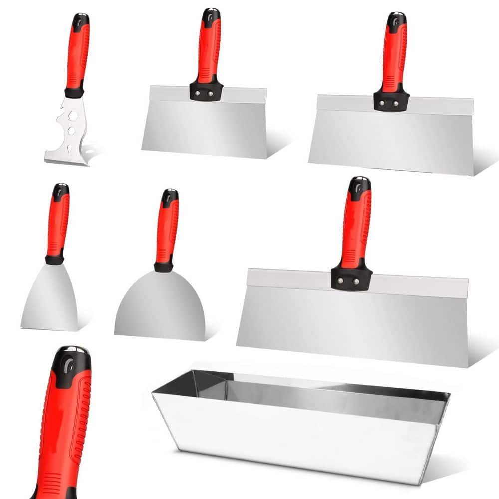 xinyoec 7-Piece Stainless Steel Drywall Tool Kit with Putty Knife, Taping Knife, Painter Scraper Tool and Mud Pan