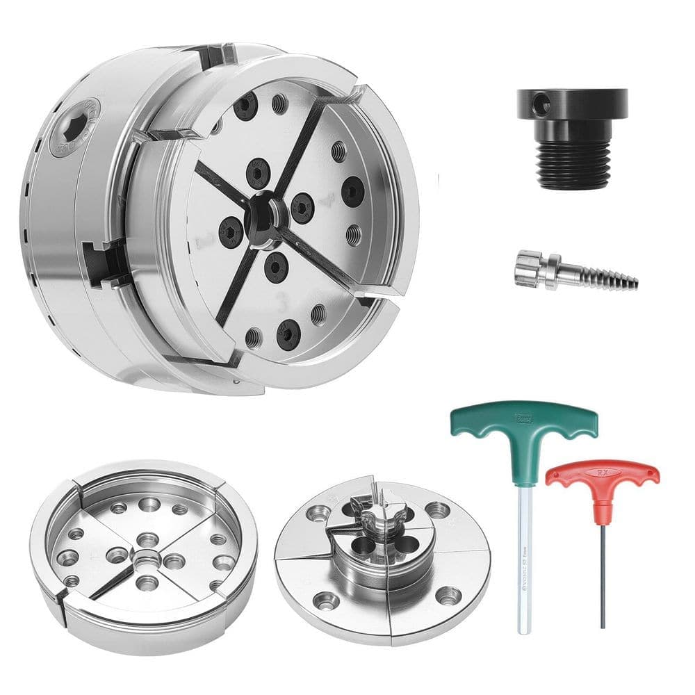 SKYSHALO 4 in. Wood Lathe Chuck, 4-Jaw Self-Centering with 1 in. x 8 TPI Thread & Adapter, Round & Step Jaws, Nickel-Plated Steel