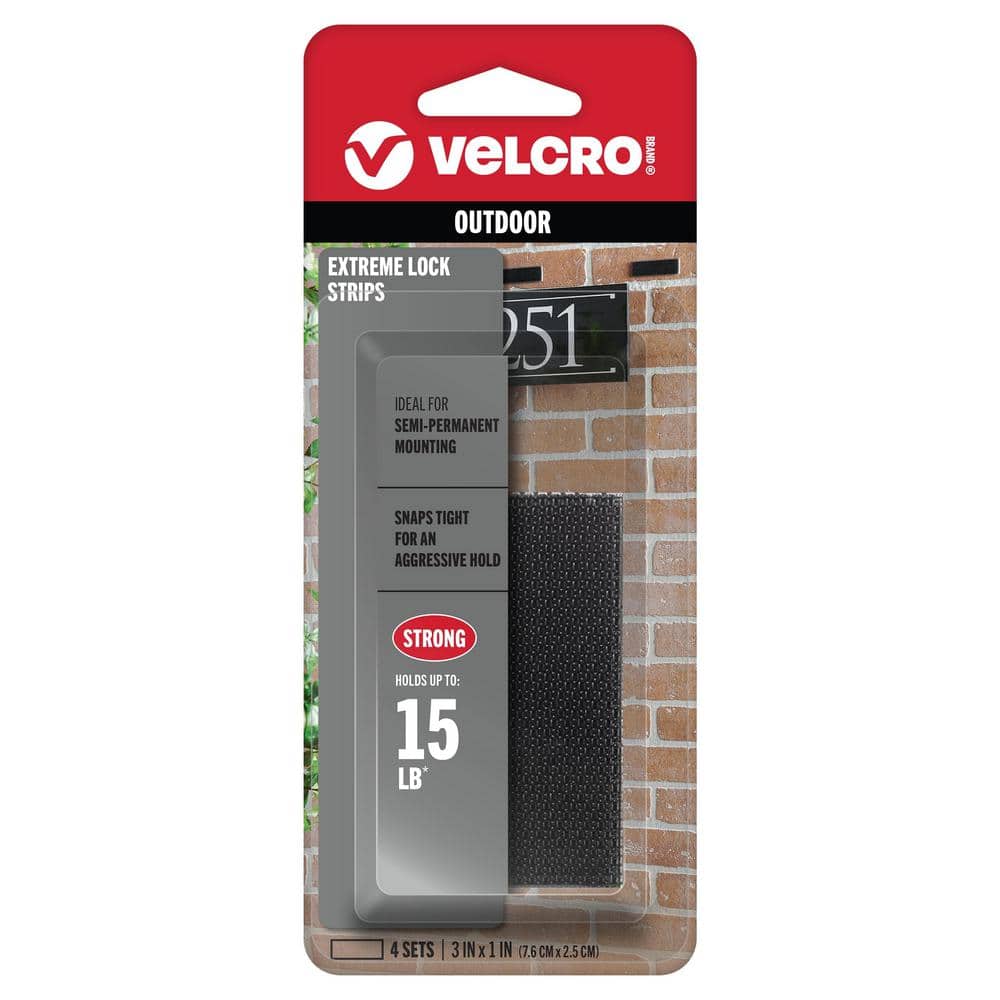 VELCRO Extreme Lock Outdoor 8-Pack, 4-Sets Strips 3 in. x 1 in. Black Hook and Loop with Adhesive