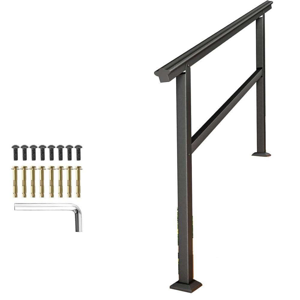 Afoxsos 60 Solid Metal Stair Handrail Kit Outdoor Steps Porch Deck Black Railings Adjustable 0-5 Steps Non-Slip