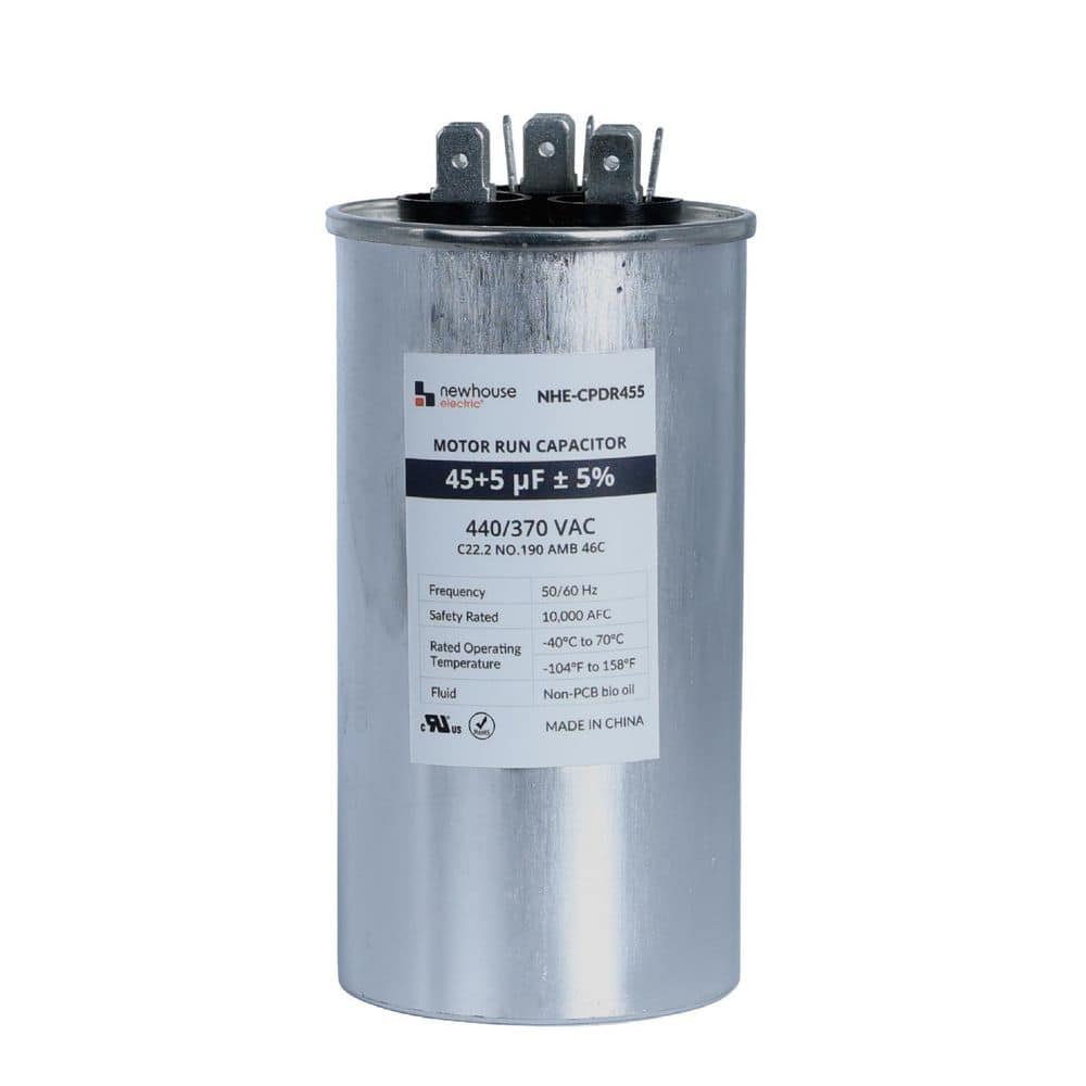 NEWHOUSE ELECTRIC Dual Run Capacitor 45/5 MFD 440/370 VAC for Air Conditioner and Heat Pump Systems, Round, Metal