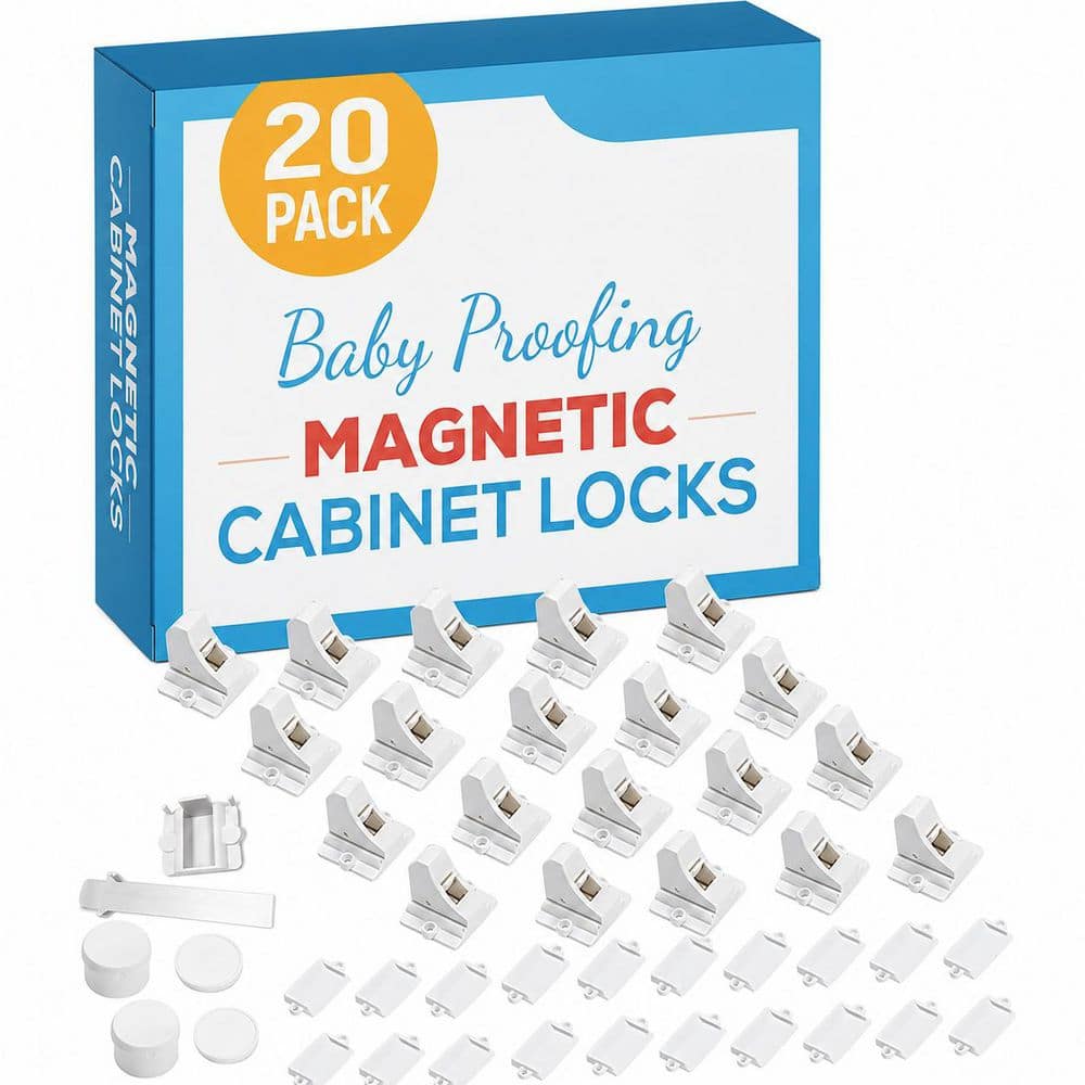 LAIFUCAM Magnetic White Adhesive Child Safety Spring Latch Door Catch for Cabinets and Drawers 20-Pack