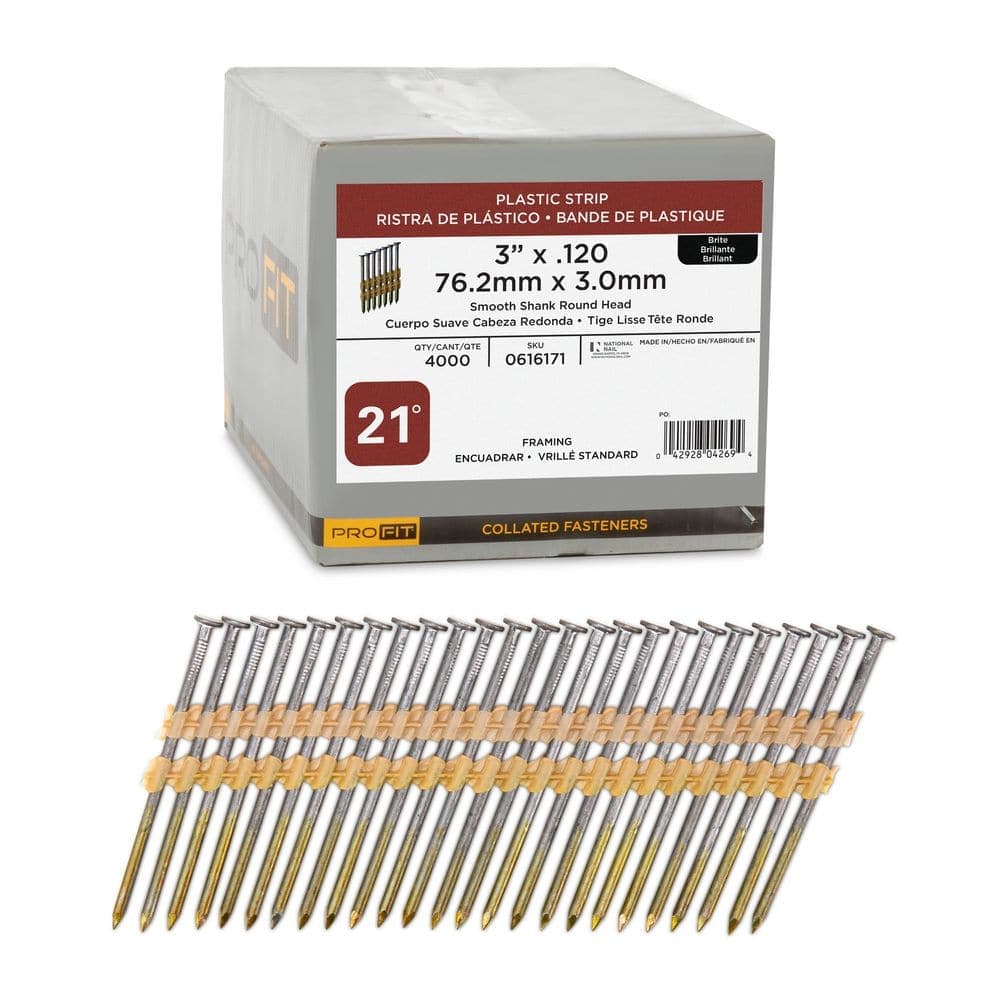PRO-FIT 3 in. x 0.120-Gauge 21° Bright Finish Smooth Shank Plastic Strip Framing Nails (4000 per Box)