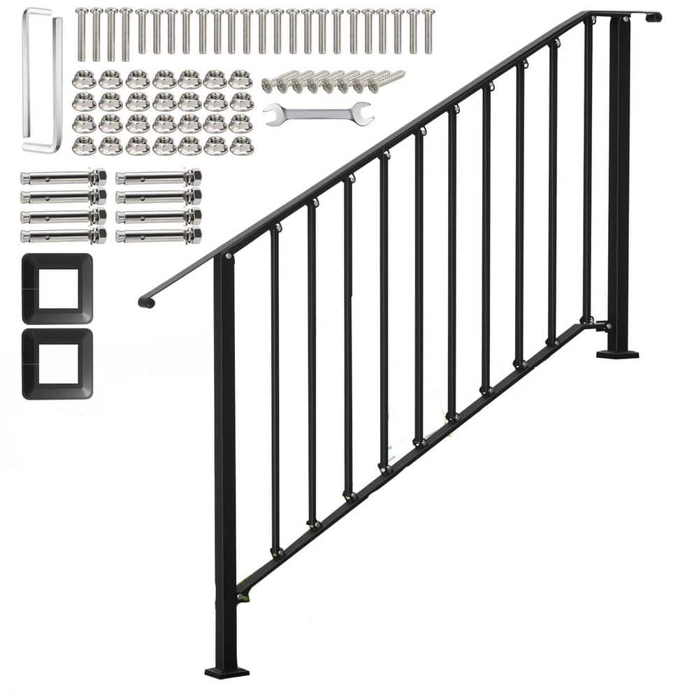 Afoxsos Outdoor Stair Handrails 5-Steps Black Wrought Iron Railing Kits for Concrete or Wooden Porch Steps