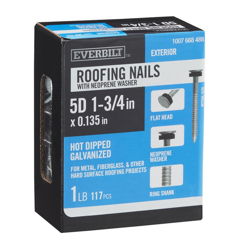 Everbilt 1-3/4 in. x 5D Hot Dipped Galvanized Ring Shank Non-Collated Roofing Nail with Neoprene Washer 1 lb. (117-Count)