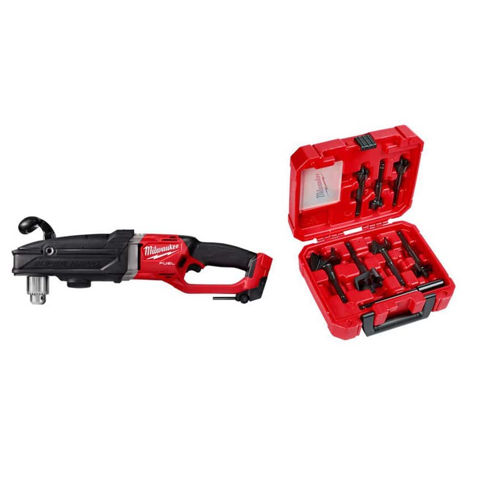 Milwaukee M18 FUEL 18V Lithium-Ion Brushless Cordless GEN 2 SUPER HAWG 1/2 in. Right Angle Drill w/ Wood Boring Set