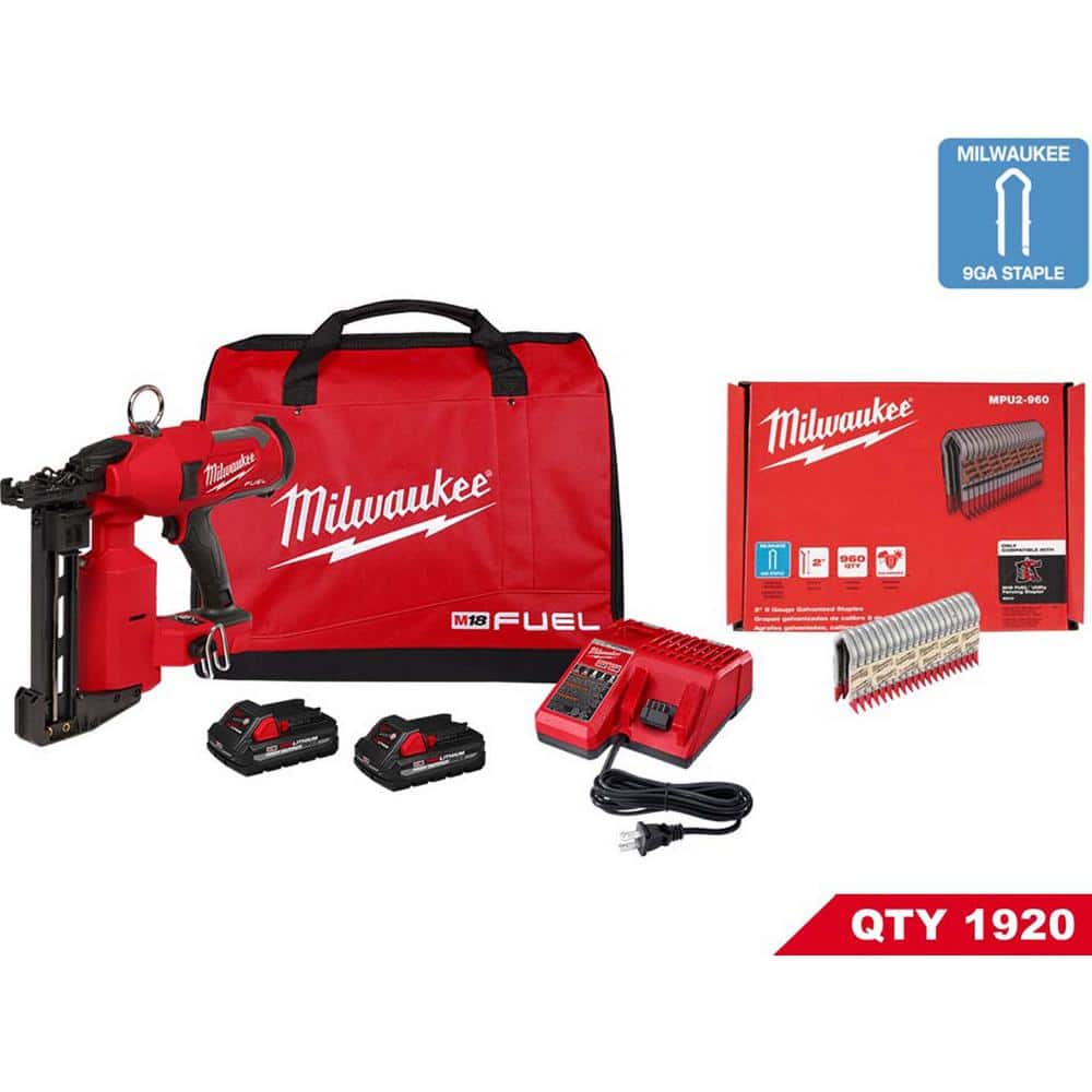 Milwaukee M18 FUEL 18-Volt Brushless Cordless Utility Fencing Stapler w/2 in. 9-Gauge Galvanized Staples 960 per Box (2-Pack)