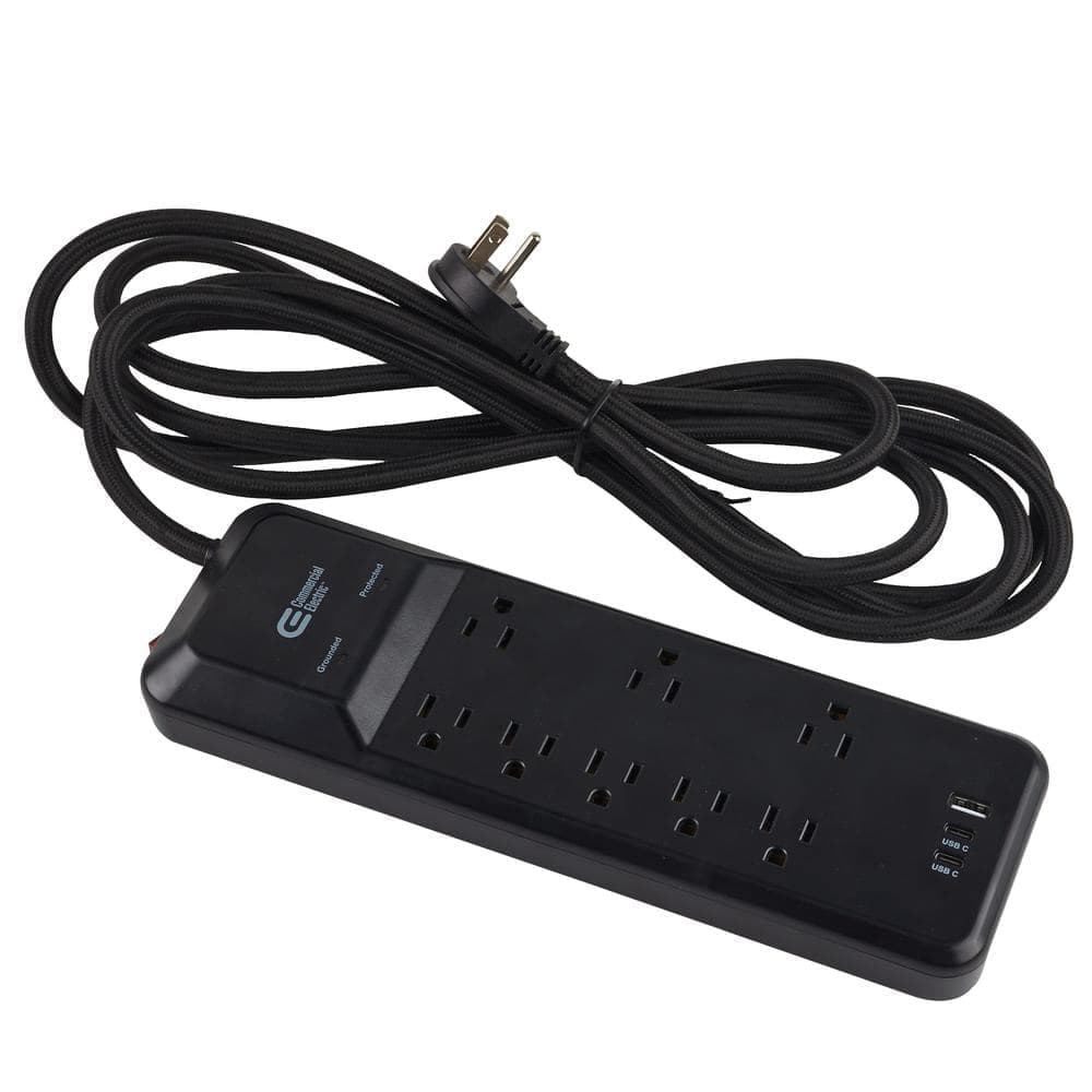 Commercial Electric 12 ft. 8-Outlet Surge Protector Braided Cord with 1 USB-A and 2 USB-C, Black