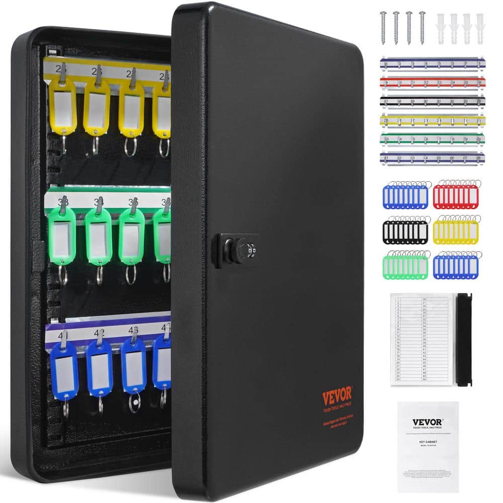 VEVOR Key Cabinet 48 Position Q235 Steel Key Box w/72 Key Hooks Tags and 2 Keys Wall Mount Key Cabinet for Office, Hotel, Bank
