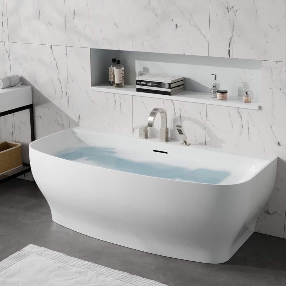 ANZZI Bank Series 65 in. x 31 in. Flat Bottom Acrylic Freestanding Soaking Bathtub with Center Drain, Brushed Nickel Faucet