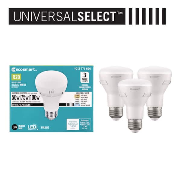 EcoSmart Universal Select 50/75/100-Watt Equivalent R20 Dimmable LED Flood Light Bulb with Selectable Color Temperature (3-Pack)